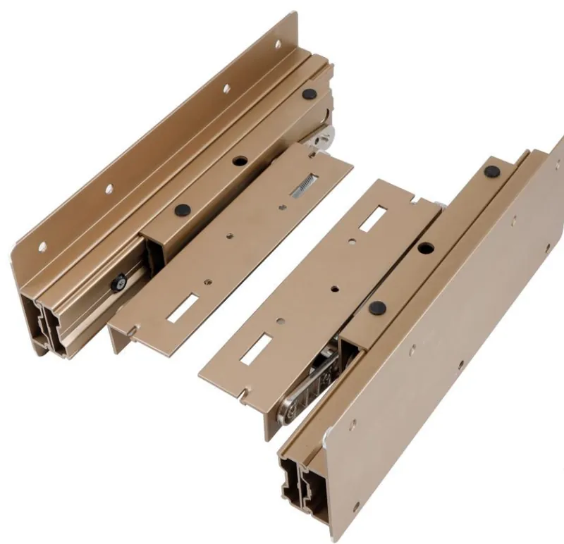 Catalogue image: pair of rising slide tracks for tall cabinet storage, champagne finish