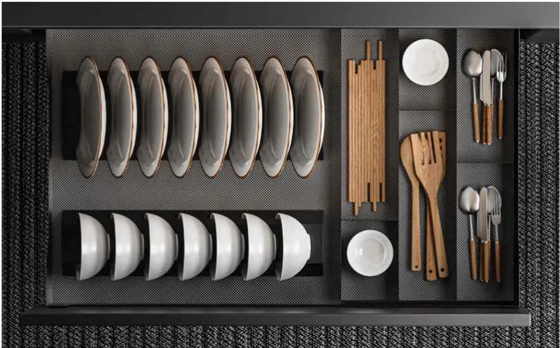 Catalogue image: drawer dish and cutlery basket with plates, bowls and utensils, seen from above