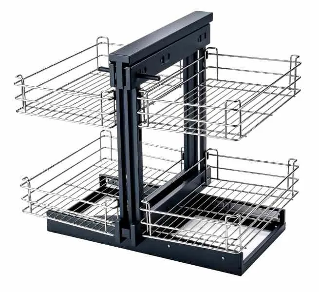 Catalogue image: chrome wire corner pull-out basket mechanism with two tiers