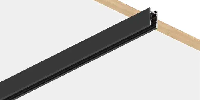 Catalogue image: black aluminium magnetic track profile installed on a timber and white ceiling