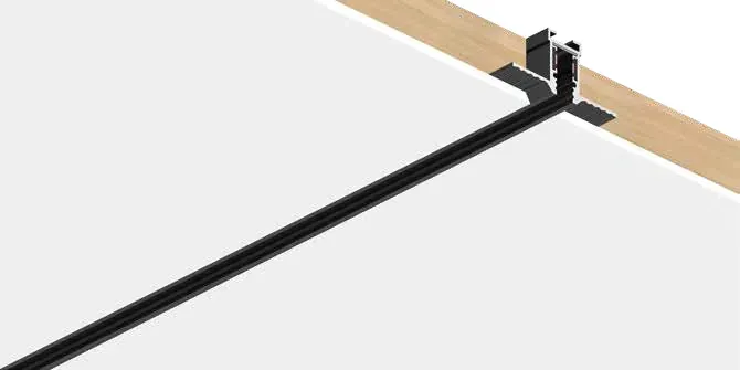 Catalogue image: black magnetic track profile set into a plastered ceiling