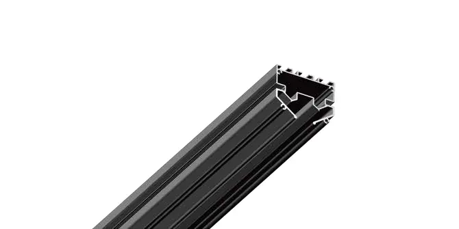 Catalogue image: black magnetic track profile for stretch-film ceilings, end section visible