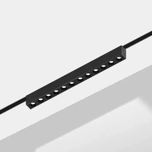 Catalogue image: black multi-aperture grille light fitted on a magnetic track