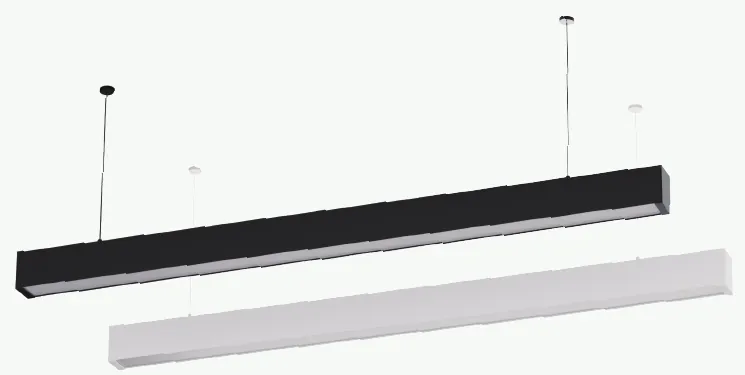 Catalogue image: black and white suspended linear office lights