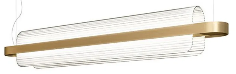 Catalogue image: brass-finish linear pendant with fluted clear diffuser