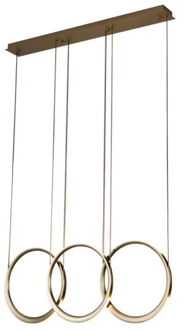 Catalogue image: three-ring LED pendant in brass finish on a rectangular canopy