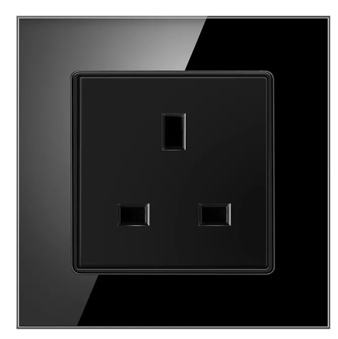 Catalogue image: black glass-panel 13 A UK three-pin socket