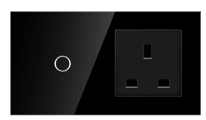 Catalogue image: black glass-panel smart touch switch with 13 A UK socket