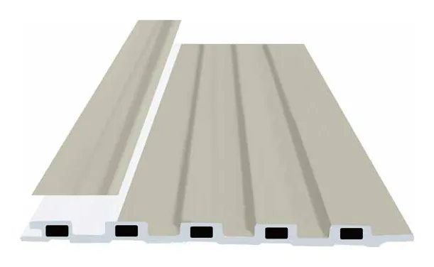 Catalogue image: fluted wall panel with fine lines, shown as a cut length with its hollow section