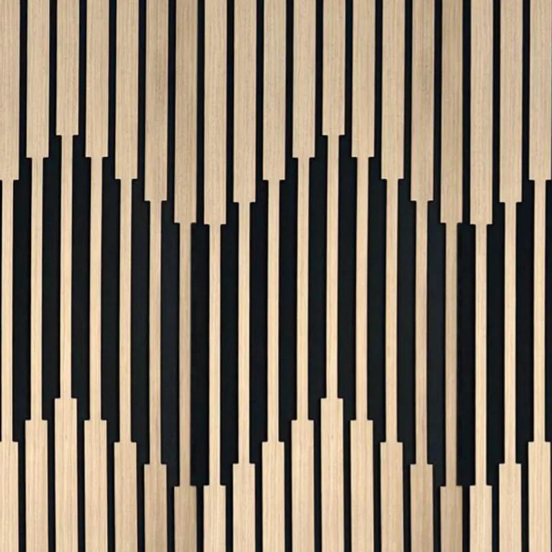 Catalogue image: oak acoustic slat panel with a staggered diamond slat pattern