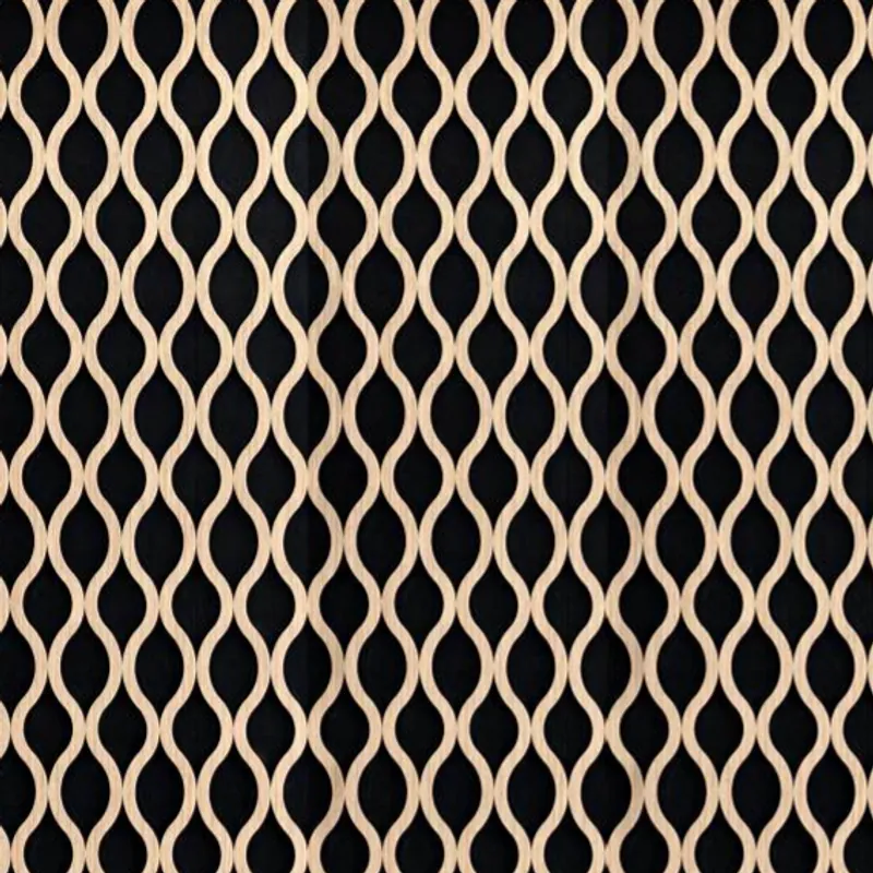 Catalogue image: oak acoustic panel with a wave outline pattern on a dark ground