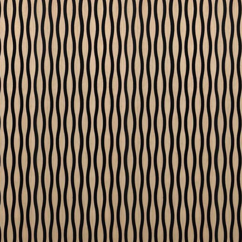 Catalogue image: oak acoustic panel with wavy slats on a dark ground