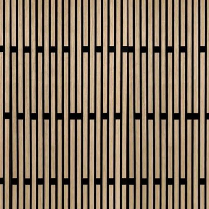 Catalogue image: walnut acoustic slat panel with staggered breaks in the slats