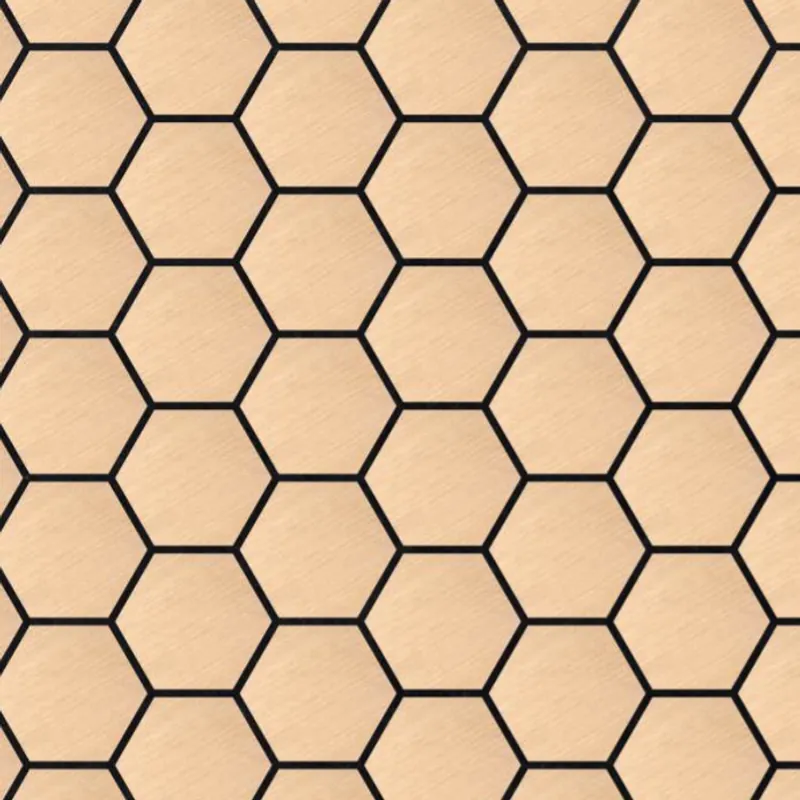 Catalogue image: plain hexagon acoustic tiles in a light oak colour