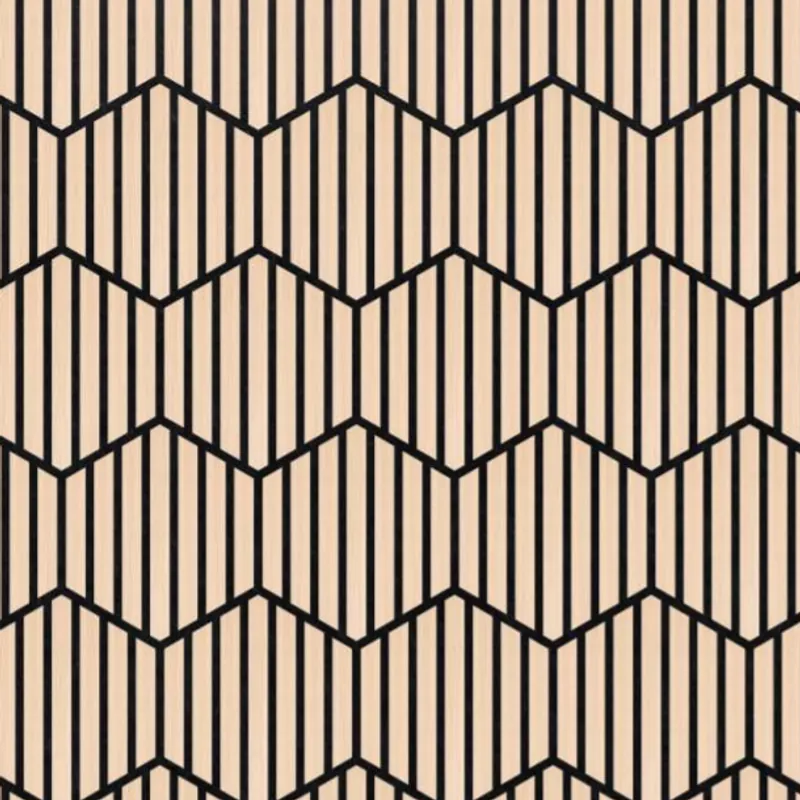 Catalogue image: slatted hexagon acoustic tiles on a wall