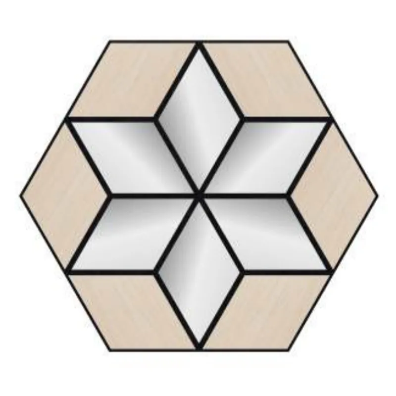 Catalogue image: single oak hexagon acoustic tile with a mirror-finish star