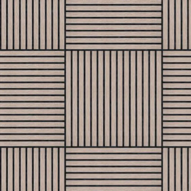 Catalogue image: slatted square acoustic tiles in a basket-weave layout