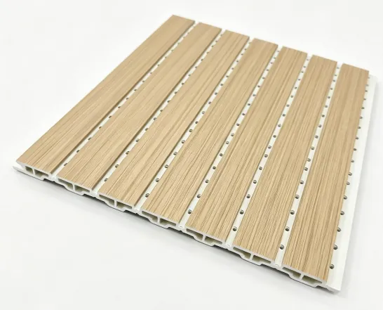 Catalogue image: wood-effect slotted face wall panel