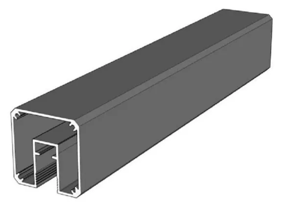 Catalogue image: dark aluminium handrail section with glass slot