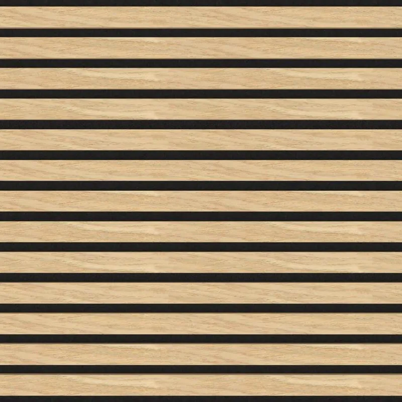 Catalogue image: acoustic slat panel in light wood finish with dark felt backing
